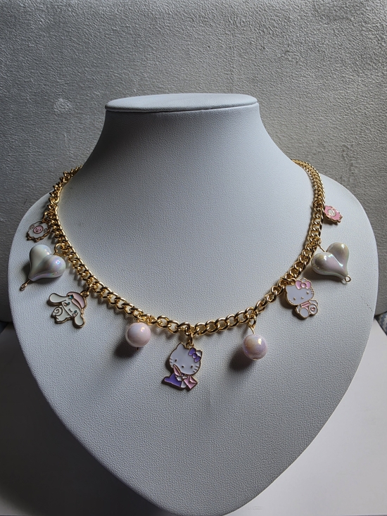 Handmade Jewelry - Gold Chain Necklace with Pink Enamel Charms and Pearlescent Beads